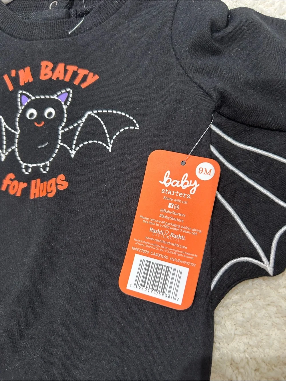 Baby Starters Batty For Hugs Halloween Bat Wing Romper One Piece Hat Set NWT